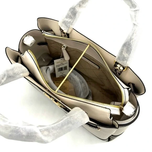 Michael Kors Large Reed Leather Belted Satchel Crossbody Bag Cream Snakeskin - Picture 8 of 11